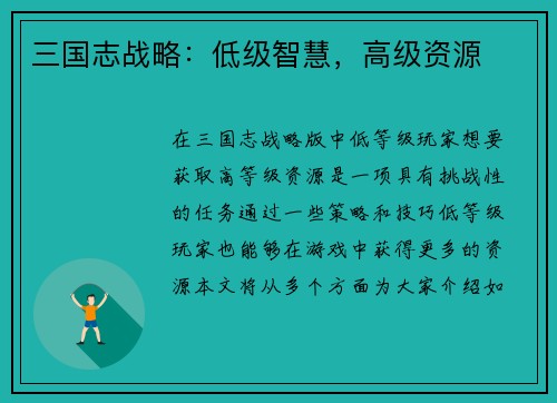 三国志战略：低级智慧，高级资源